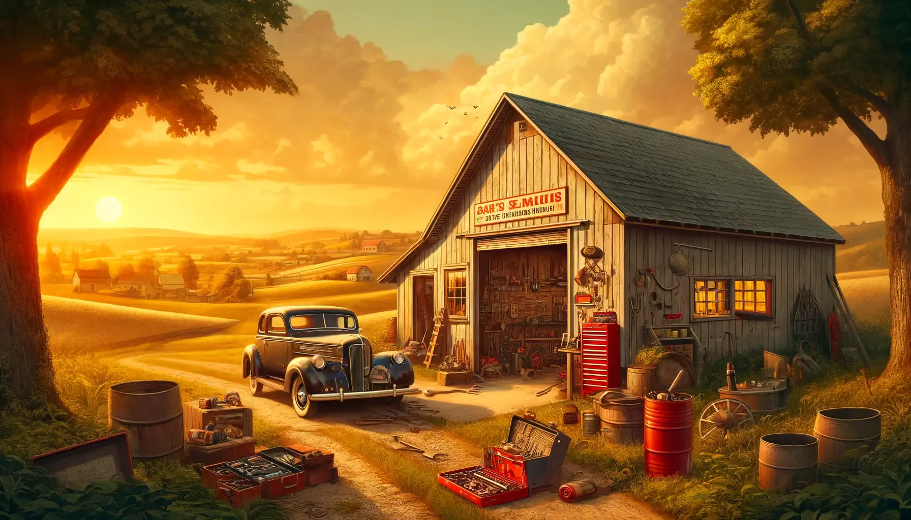 rural mechanic shop scene